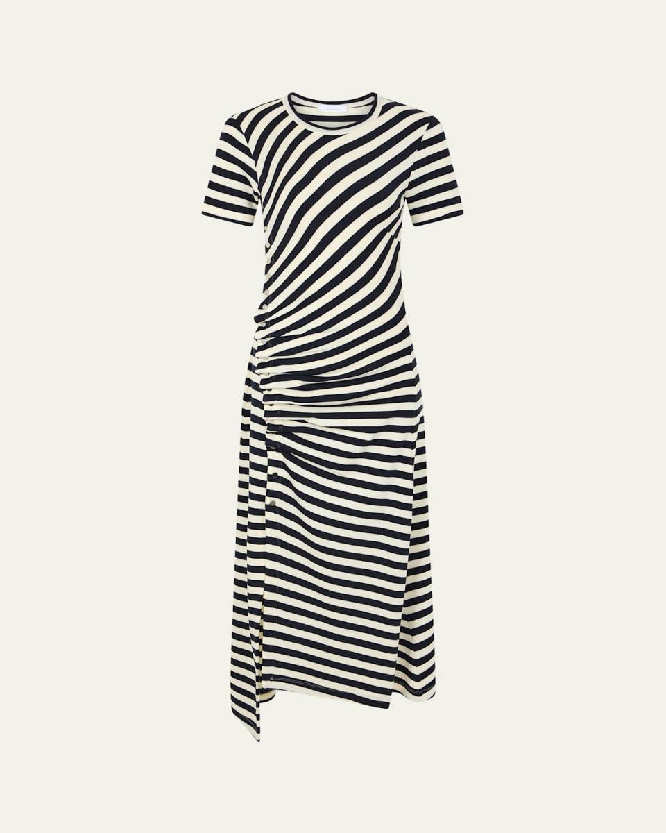 Striped Short-Sleeve Ruched Midi T-Shirt Dress